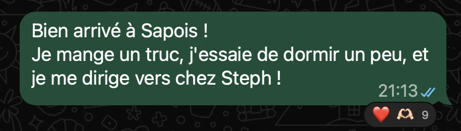 Bien arrivé à Sapois ! Je mange un truc, j’essaie de dormir un peu, et je me dirige vers chez Steph !