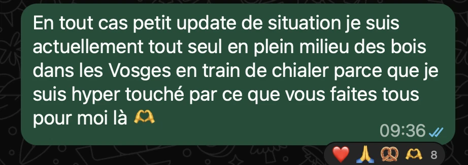 En tout cas petit update de situation je suis actuellement tout seul en plein milieu des bois dans les Vosges en train de chialer parce que je suis hyper touché par ce que vous faites tous pour moi là