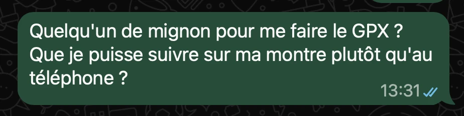 Quelqu’un de mignon pour me faire le GPX ? Que je puisse suivre sur ma montre plutôt qu’au téléphone ?